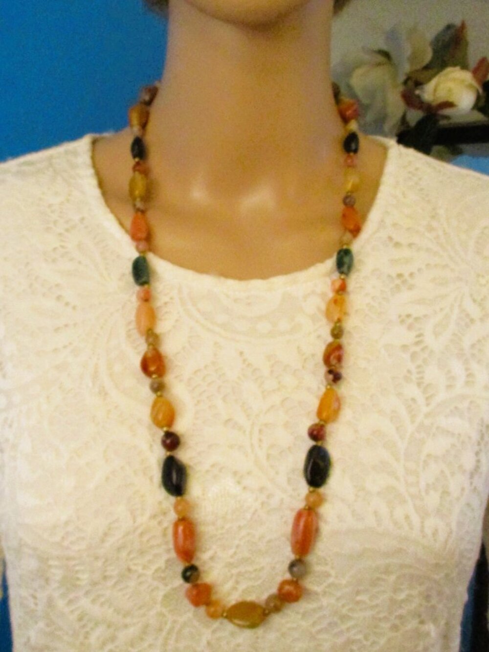 Mid-Century MIXED GEMSTONE Chunky Necklace: Carnelian, Onyx, Moss Agate 31"